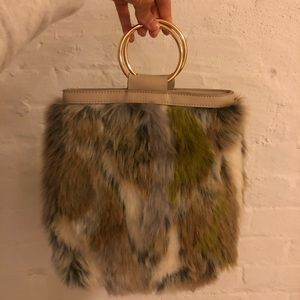 Anthropologie gold ring handle faux fur tote